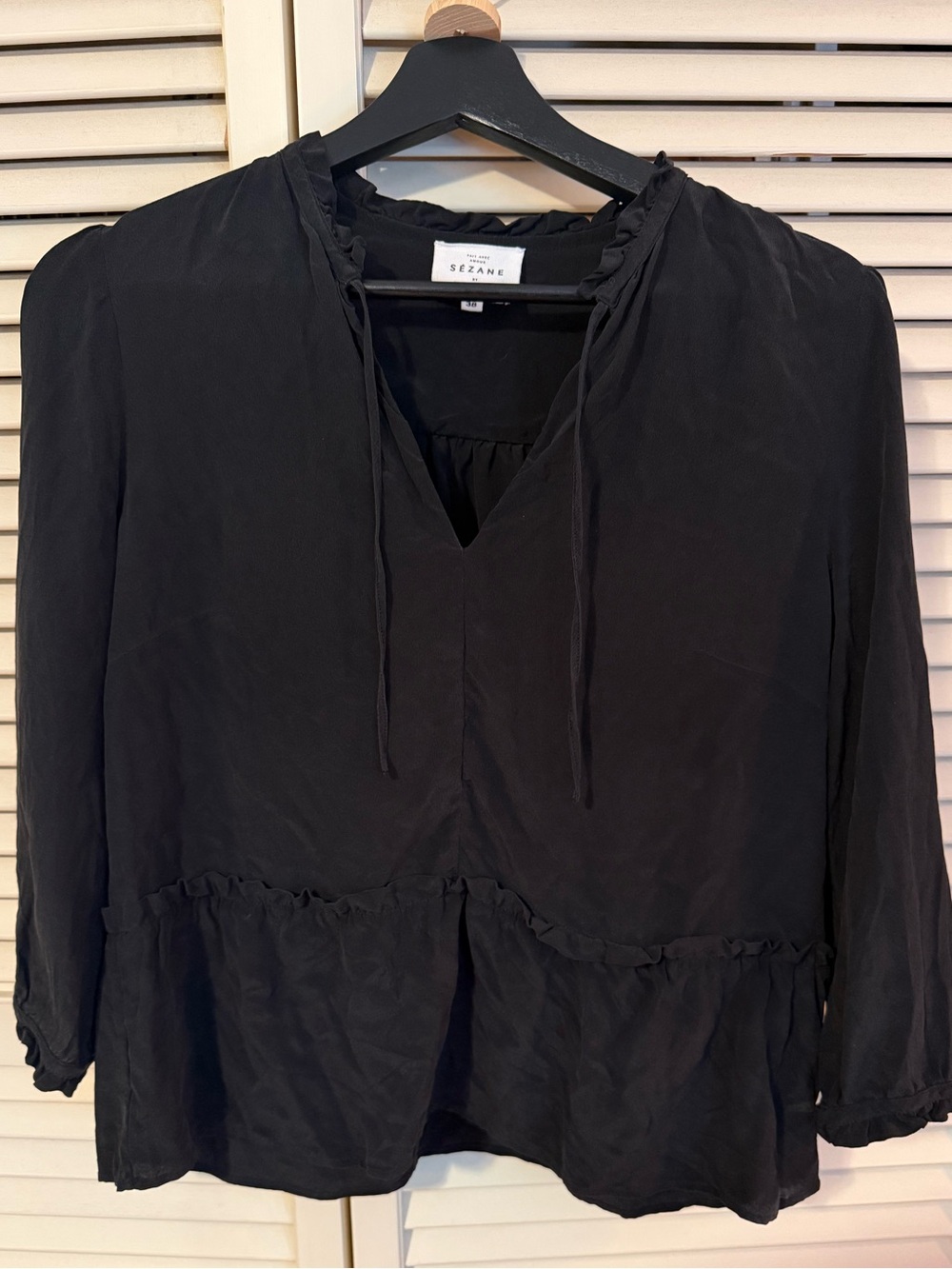 Sezane Black 100% Silk Tie Neck Tiered Ruffled Balloon Sleeve Peasant Blouse 38